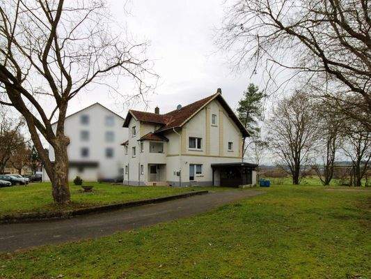 Außennansicht mit Terrasse und Einfahrt