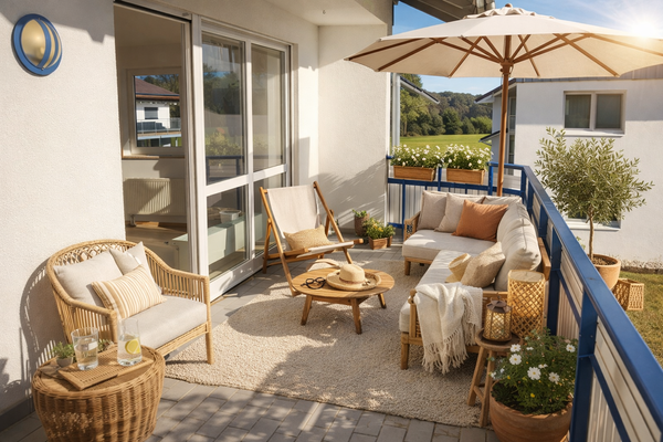 Balkon mit KI generierten Dekoration / Einrichtung 