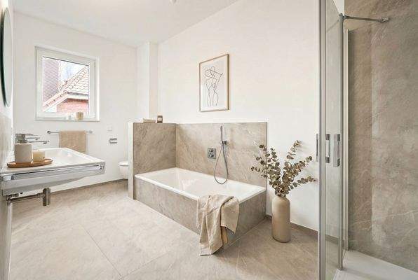 Badezimmer mit Wanne und Dusche [KI-generiertes Foto]