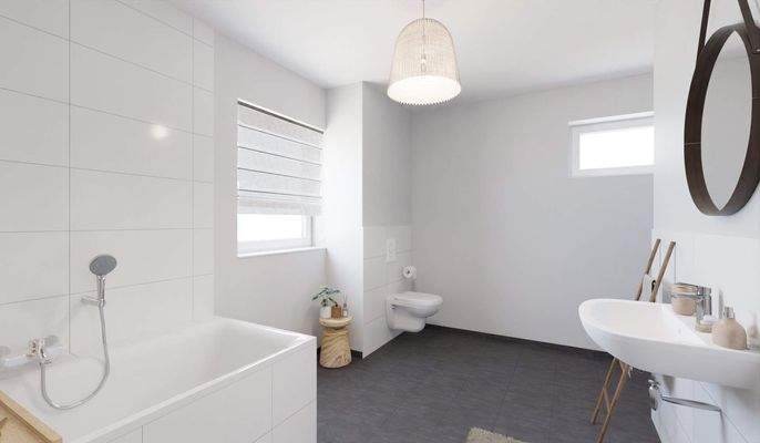 Modern gefliestes Tageslichtbad mit Badewanne und bodengleicher Dusche