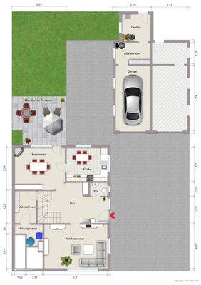 Grundriss Erdgeschoss (nicht maßstabsgerecht, Möblierungsbeispiel)