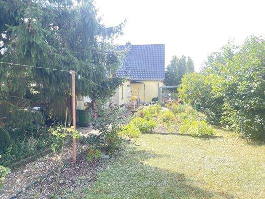 Blick aus dem Garten zum Haus