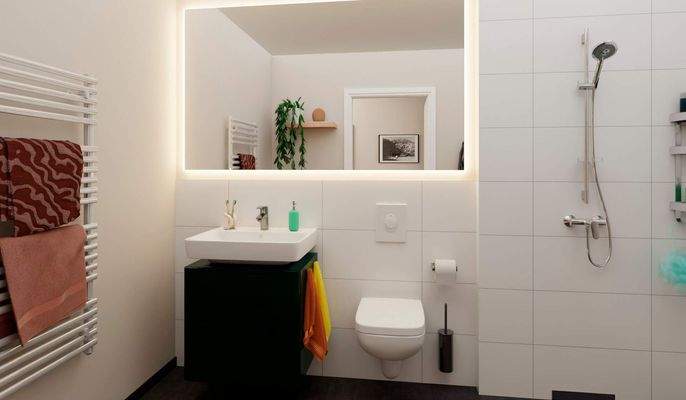 Ein modern gefliestes Badezimmer