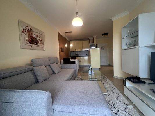 Offener Wohnbereich mit moderner Sofaecke und integrierter Küche