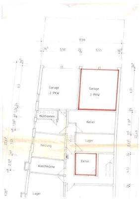 Garage und Kellerraum rot umrandet