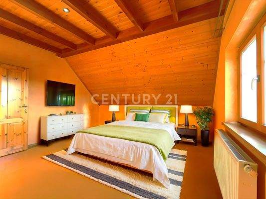 Das 1. Schlafzimmer im Obergeschoss, visualisiert