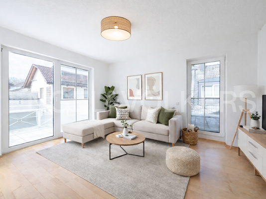 Visualisierung Wohnzimmer mit Zugang zu Terrasse und Balkon