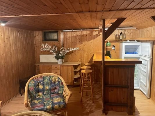wohnlich ausgebauter Raum im Keller mit Heizung und Bar
