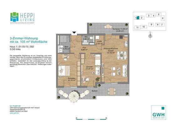 Grundriss mit Flur (9,98 m²), Bad (5,44 m²), WC (2,88 m²), Wohn-Koch-Essbereich (33,92 m²), Schlafzimmer (20,70 m²), Kinderzimmer (17,37 m²), Hauswirtschaftsraum (2,24 m²) und 2 Balkonen/Terassen