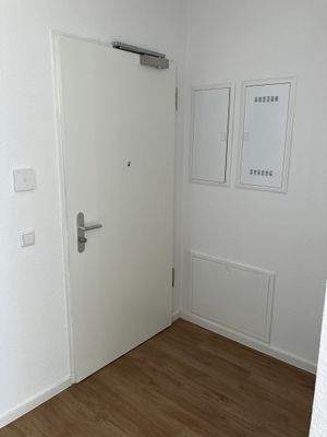 Eingangsbereich mit weiß angelegten Wänden und braunem Vinyl-Designboden in Holzoptik