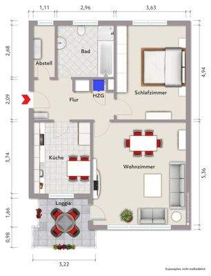 Grundriss der Wohnung (nicht maßstabsgerecht, Möblierungsbeispiel)