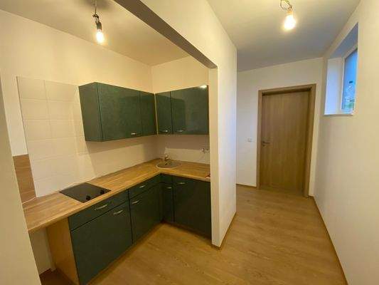 Küche mit Fenster, Cerankochfeld und Kühlschrank in der Einliegerwohnung