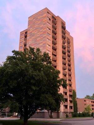 Seitenansicht eines mehrgeschossigen Wohnhauses mit Fassadengestaltung und Bepflanzung