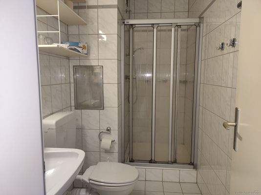 Das Badezimmer mit integriertem Föhn und einer Dusche, WC, und Waschbecken