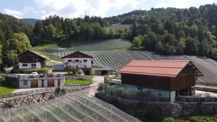 Vöran-Hof-traumhafteAussicht-Ruhe-Äpfel-Wiese-Kastanien-Südtirol-Meraner-Land-Stall-Scheune-Mühle-Beregnugn-Wasserspeicherbecken-Witschaftsgebäude-Bauernhof