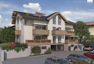 Frontansicht mit beiliegenden Carports und freien Stellplätzen