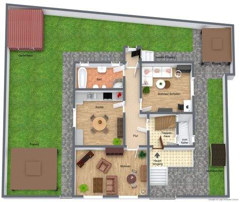 Grundriss-EG mit außen-3D