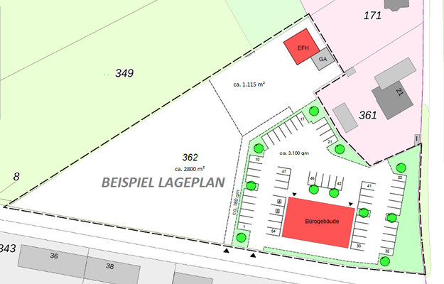 Lageplan als Beispiel mit Gewerbe und Wohnen