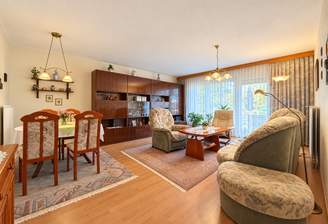 Wohn- und Esszimmer mit Zugang zur Terrasse und Durchreiche zur Küche