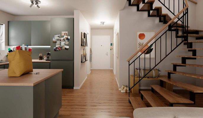 Die offene Wohnküche lädt zum gemeinsamen Kochen e