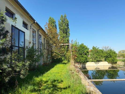 Blick auf Haus und Wasserbecken 