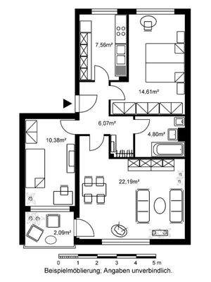 Grundriss mit Flur (6,07m²), Bad (4,8 m²), Küche (7,56 m²), 1. Schlafzimmer (14,61 m²), 2. Schlafzimmer (10,38 m²), Wohnzimmer 22,19 m²)  und Loggia 