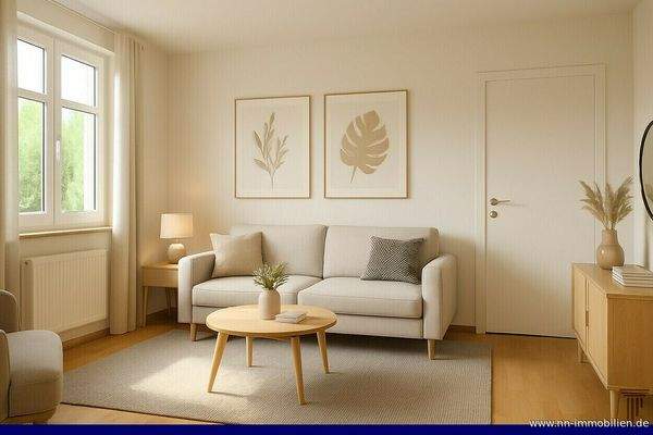 helles und geräumiges Wohnzimmer  möbliert durch KI