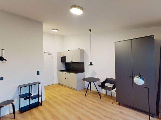 Ansicht III: Wohn- und Schlafzimmer mit offenem Küchenbereich