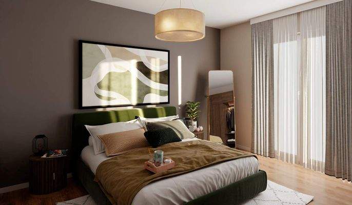 Ein Schlafzimmer mit viel Tageslicht und Zugang au