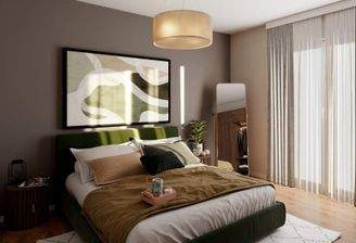 Ein Schlafzimmer mit viel Tageslicht und Zugang au