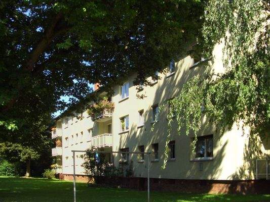 Außenansicht eines mehrstöckigen Hauses, umgeben von Bäumen und Sträcuhern (Seitenansicht des Gebäudes)