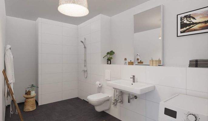 Modern gefliestes Bad mit bodengleicher Dusche