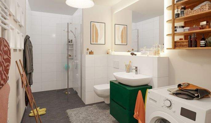 Badezimmer mit bodengleicher Dusche und Duschtrenn