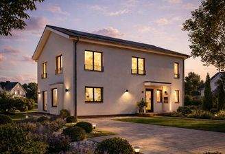 Modernes Traumhaus bei Sonnenuntergang