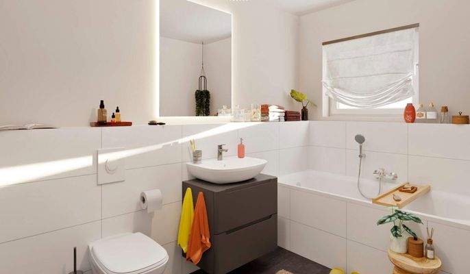 Badezimmer mit bodengleicher Dusche und Badewanne