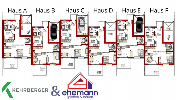 Grundriss vom Erdgeschoss, Reihenhäuser