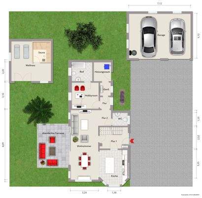 Grundriss Erdgeschoss (nicht maßstabsgerecht, Möblierungsbeispiel)