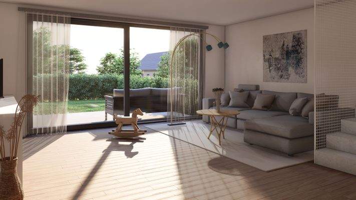 Blick in den Garten aus dem Wohnzimmer