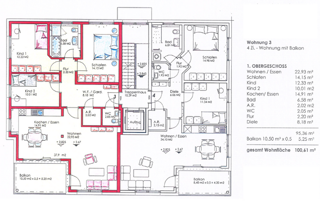 Grundriss Wohnung 3, 4 Zi mit Balkon