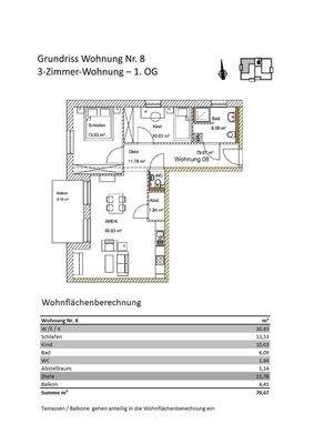 Grundriss + Wohnflächenberechnung Wohnung 08