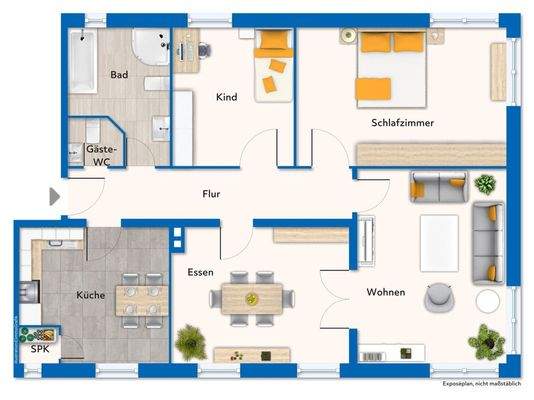 Grundriss mit Mustermöblierung