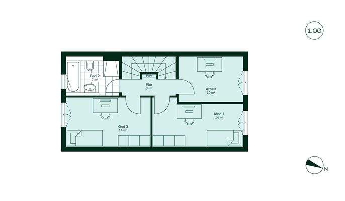 Zwei gemütliche Zimmer, ein ruhiger Arbeitsbereich und ein Tageslichtbad