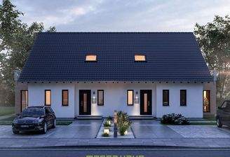 Frontansicht eines massa haus Fertighaus TwinStyle Doppelhauses bei Dämmerung: Zwei symmetrische Häl