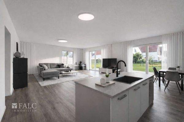 „Offener Wohnbereich mit Zugang zur großzügigen Terrasse, Möblierung visualisiert.“