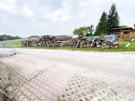 Straße mit Holzstapel