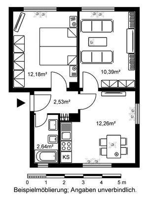 Grundriss mit Wohnküche (ca. 12;26 m²), Wohnzimmer (ca. 10,39 m²), Schlafzimmer (ca. 12;18 m²), Bad (ca. 2,64 m²) und Flur (ca. 2,53 m²)