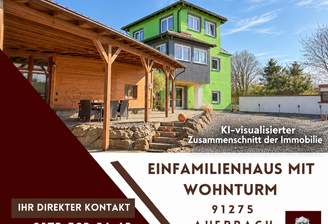 KI-visualisierter Zusammenschnitt von Eingangsbereich und Rückseite des Hauses