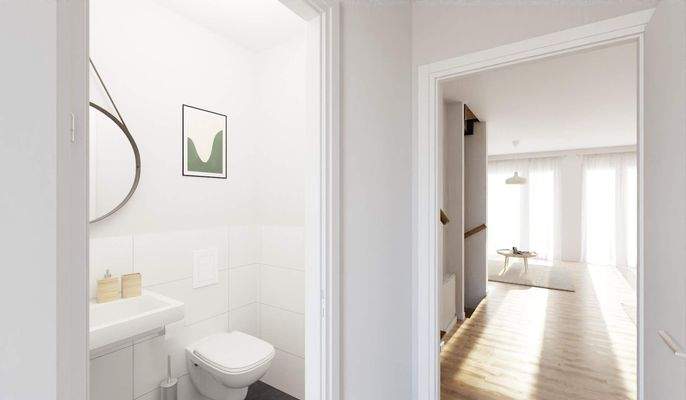 Heller und freundlicher Flur mit Blick zum Gäste-WC