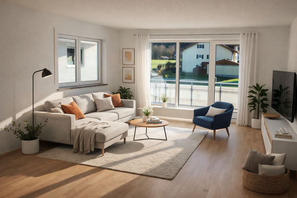 Wohnzimmer mit KI generierten Dekoration / Einrichtung 