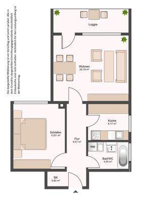 Grundriss mit Flur (6,57 m²), Tageslichtbad (4,50 m²), Küche (6,17 m²), Wohnzimmer (20,19 m²), Schlafzimmer (13,91 m²), Abstellraum (0,80 m²) und Balkon